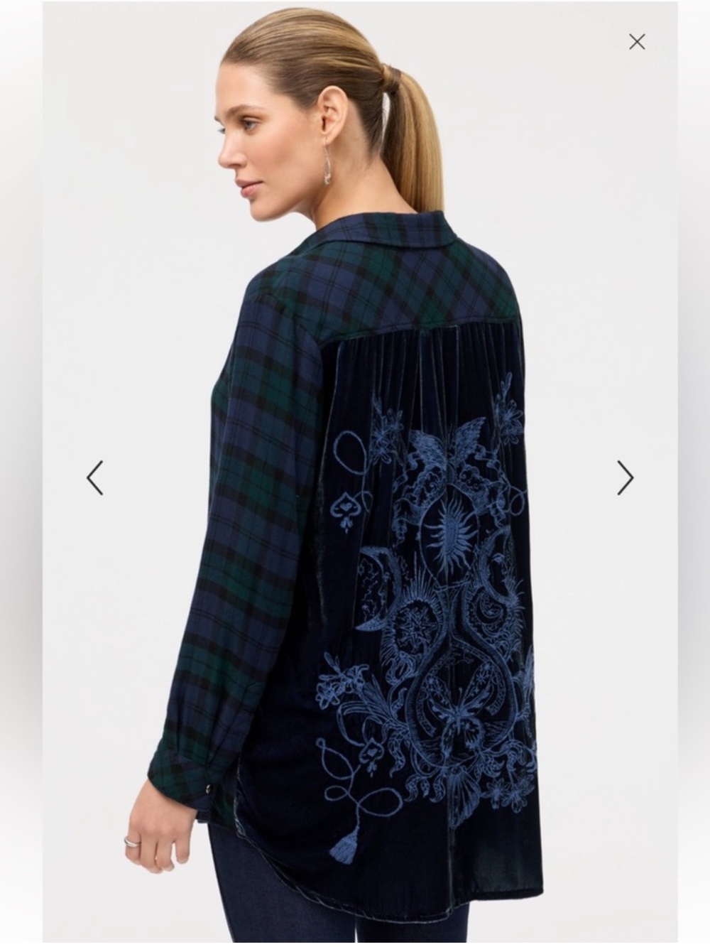 Johnny Was Velvet Back Oversized Shirt Mingo Plaid Green Size Small NWT